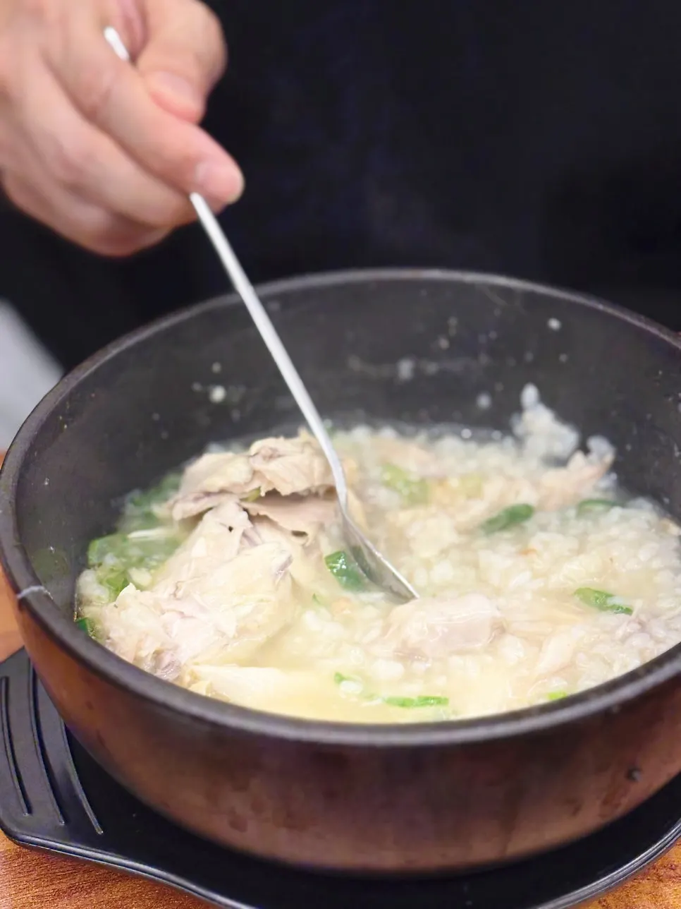 Tender chicken breast pulling apart easily from the samgyetang