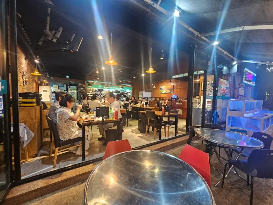 Interior with tables set up for group gatherings
