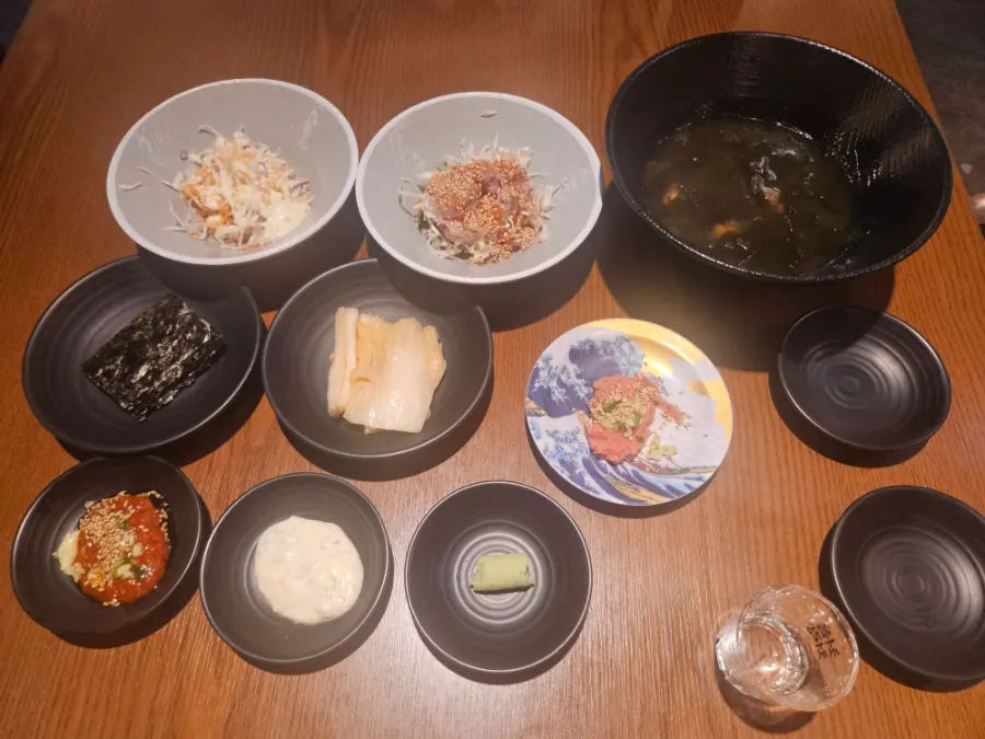 Full table setting with basic side dishes laid out