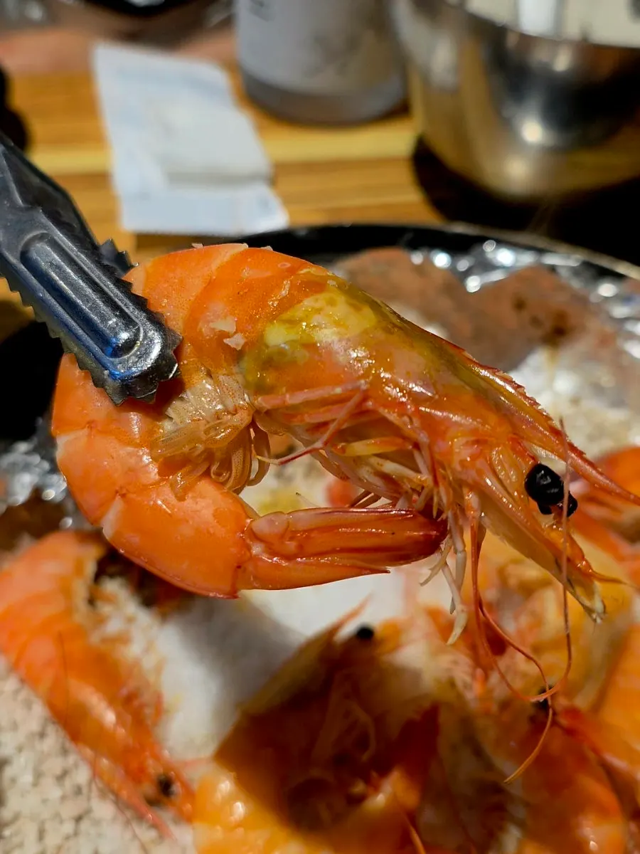 Close-up of a large grilled king shrimp