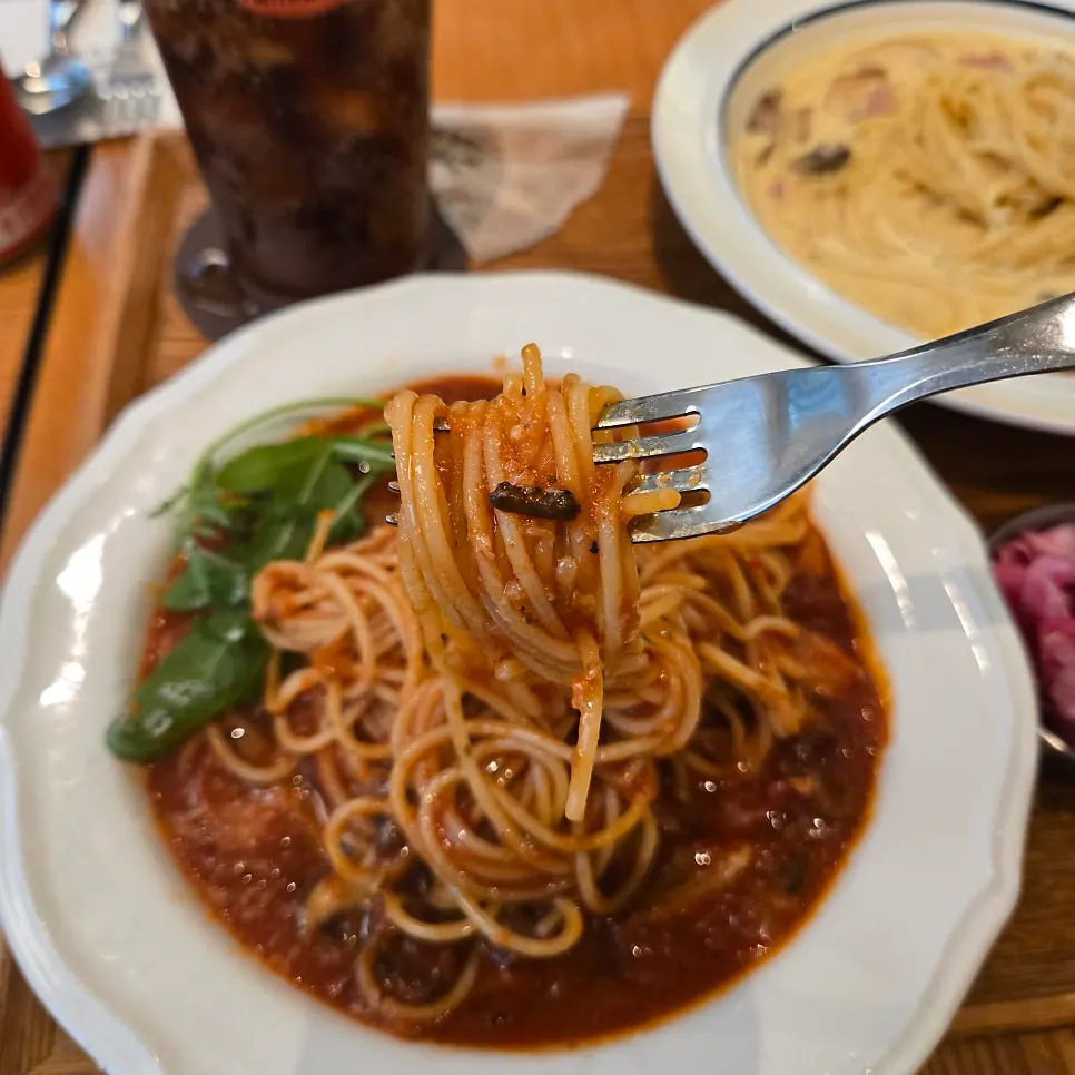 Close-up of arrabbiata pasta with toppings