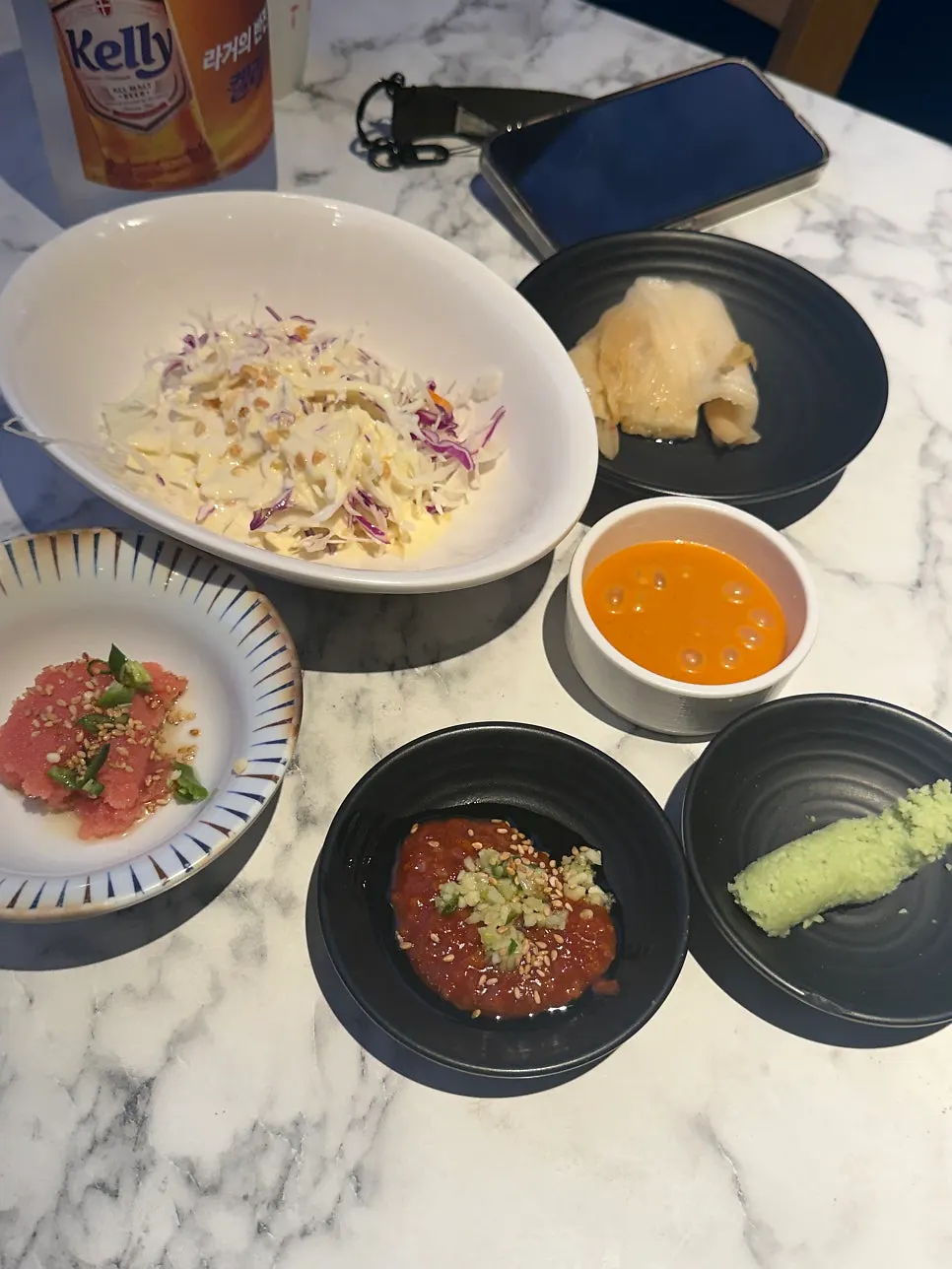 Basic side dishes including salted pollock roe and salad
