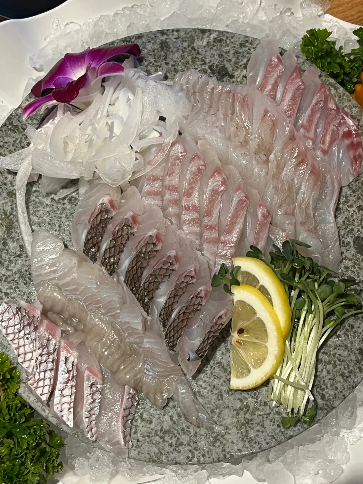 Red seabream and flounder set for two on an ice platter