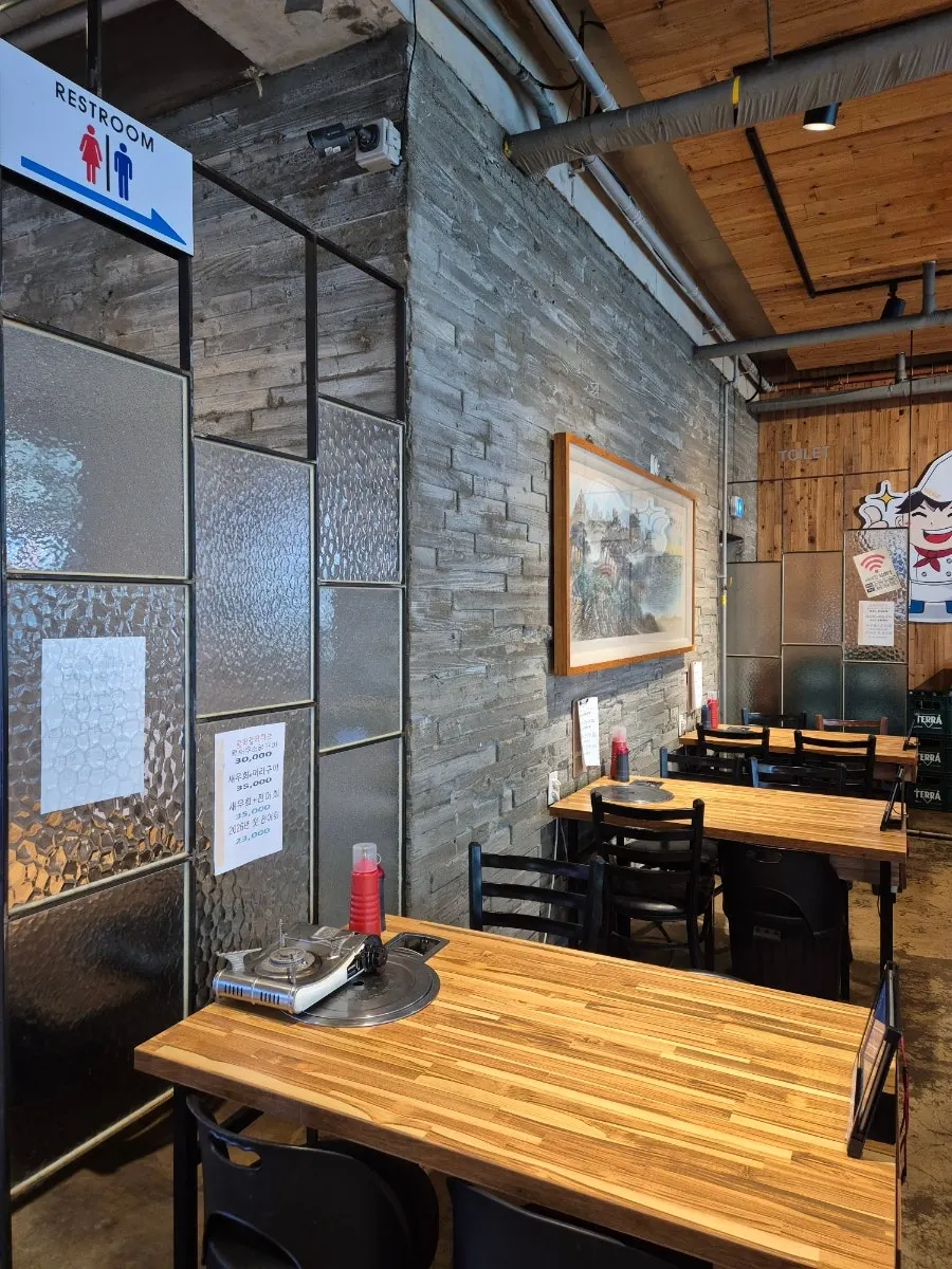 Vertical photo of the Guwol-dong fish restaurant interior