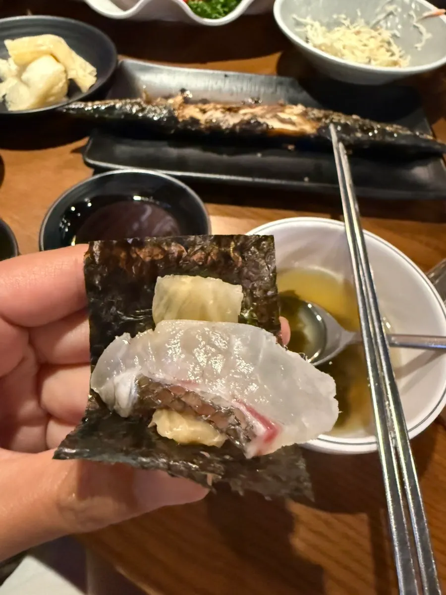 Red snapper sashimi wrap topped with aged kimchi