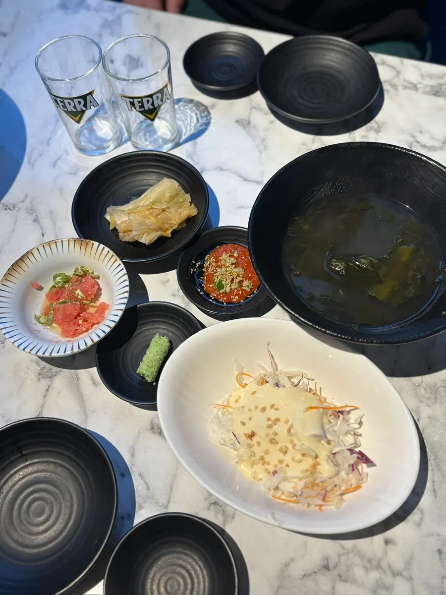 Basic side dish spread with seaweed soup and salted pollock roe