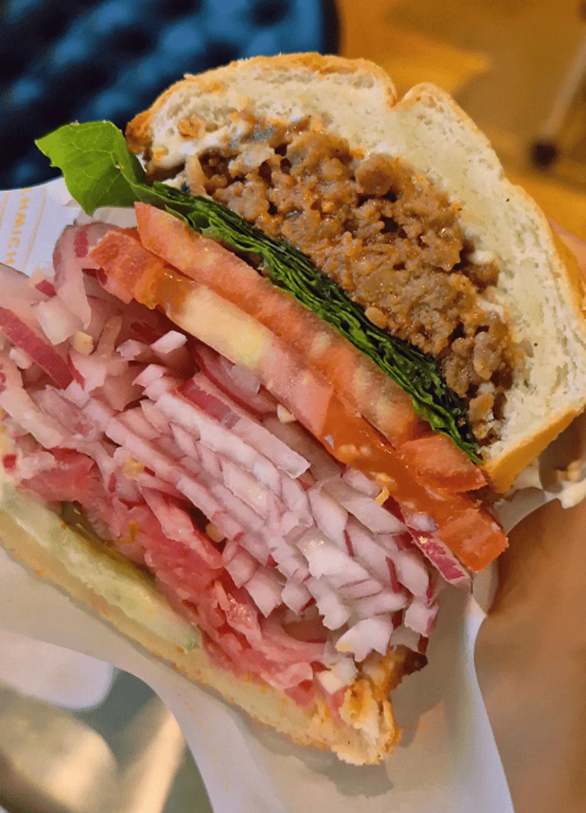 Cross-section of the perilla leaf bulgogi baguette sandwich