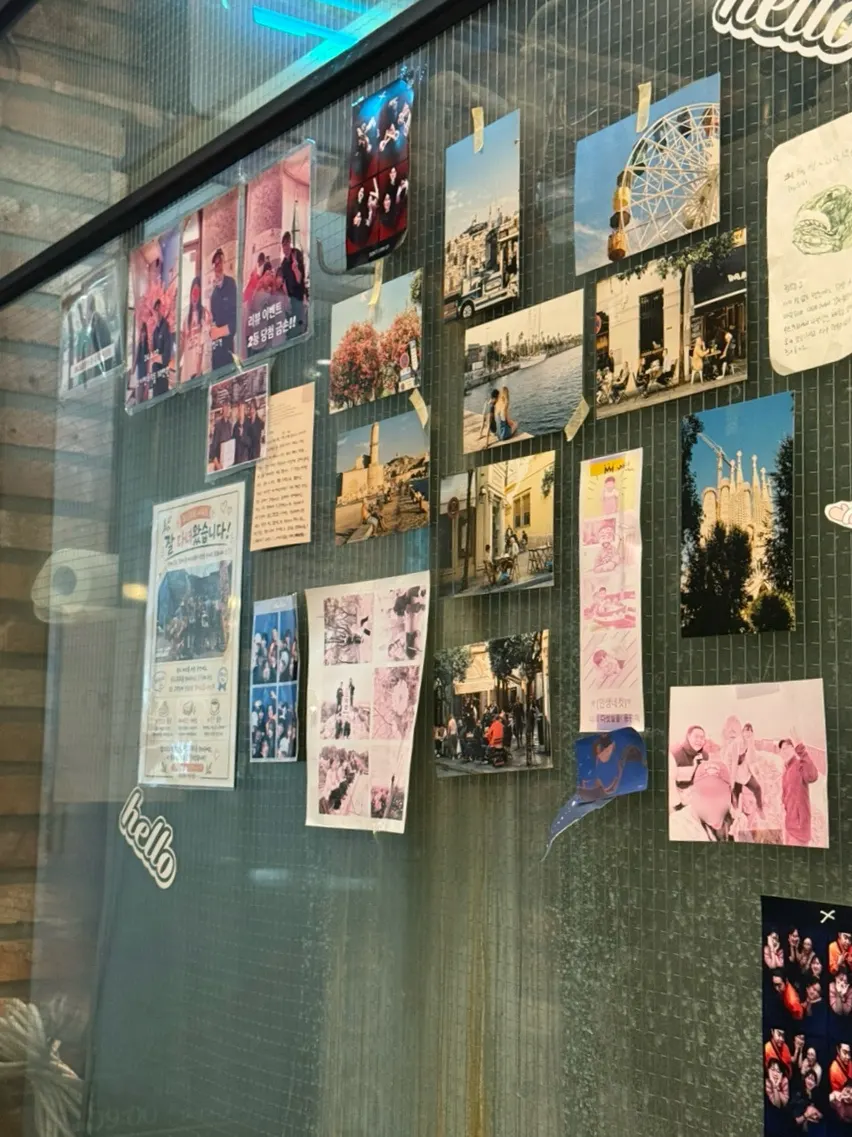 A corner decorated with photos, brunch café atmosphere