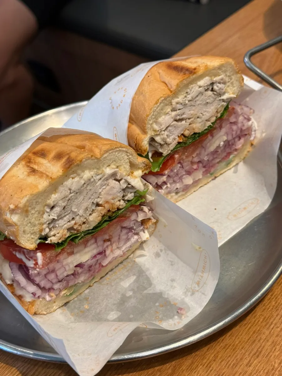 Spicy chicken breast sandwich cut in half