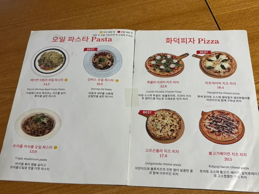 Menu page for pastas and pizzas