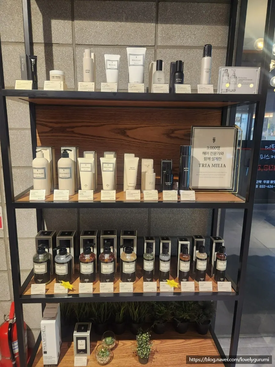 Shelf of hair products displayed in the salon
