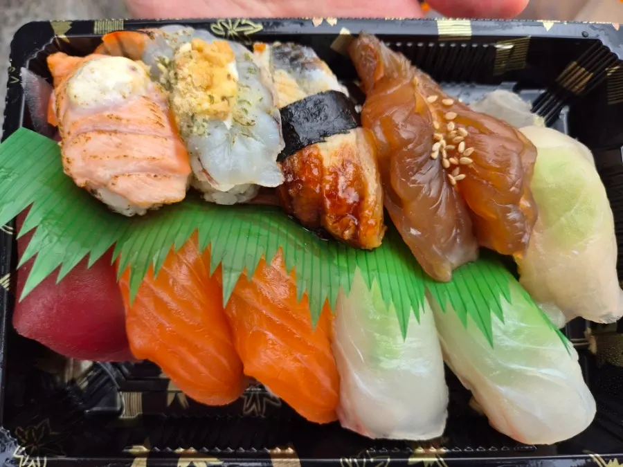 Assorted sushi laid out at the park