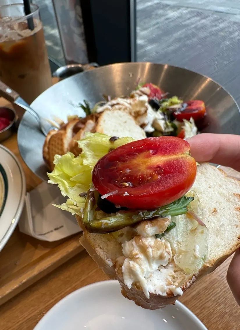 Handmade ricotta cheese salad and baguette