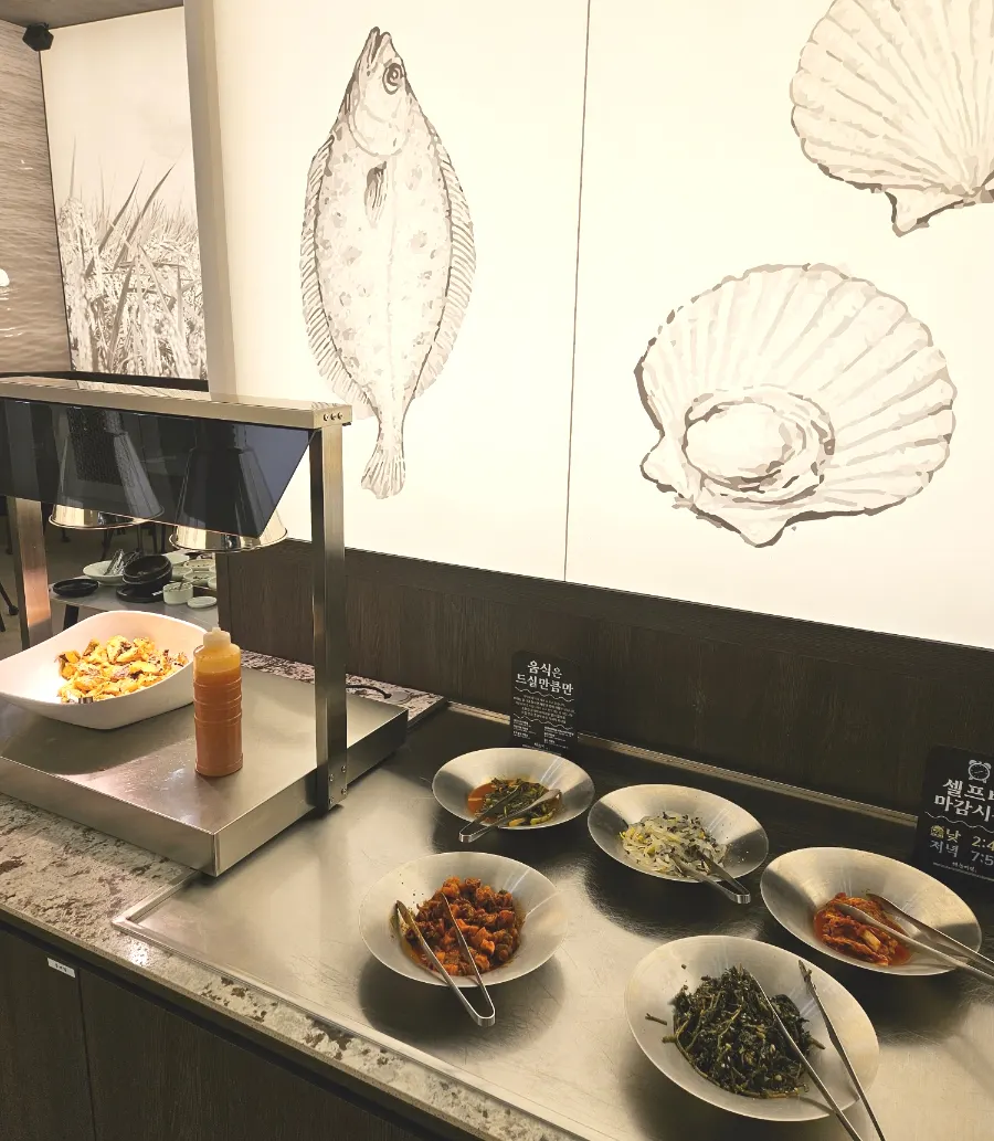 Self-serve banchan bar in the center of the restaurant