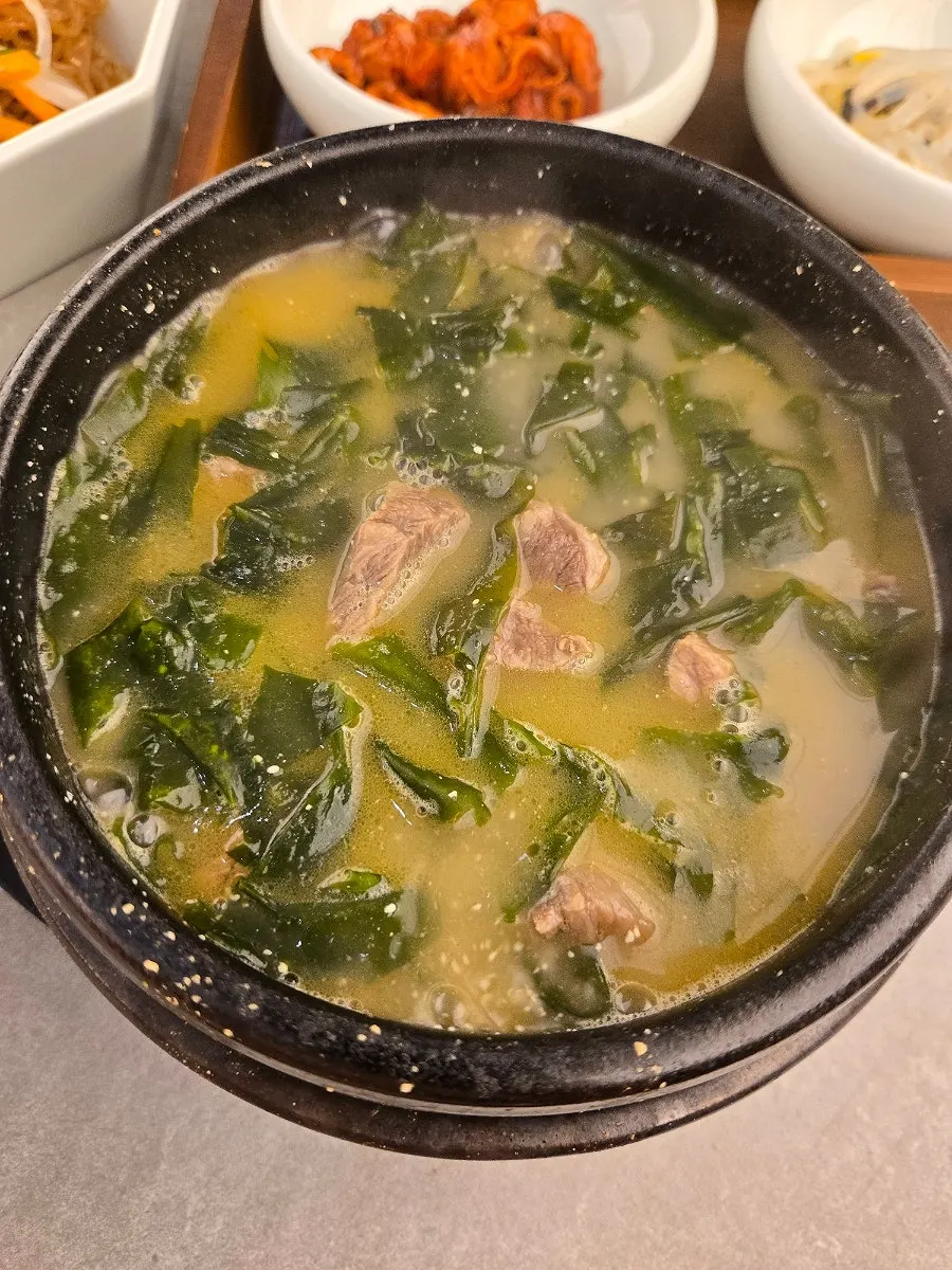Seaweed soup served in an earthenware pot