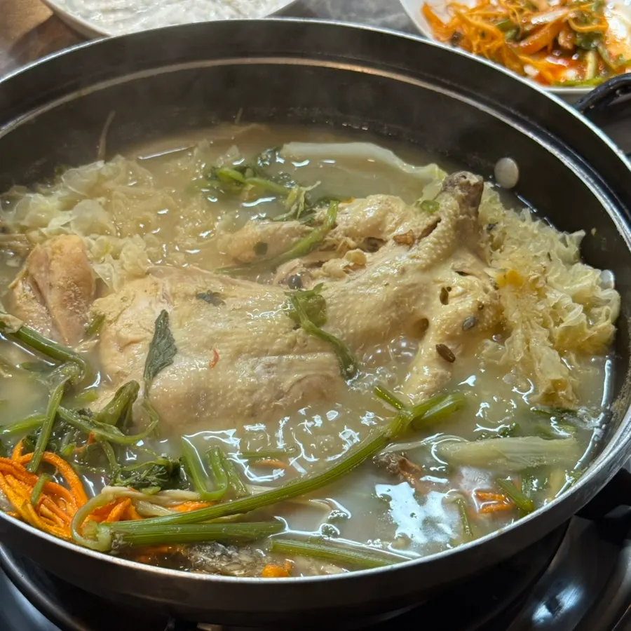 Hot pot with napa cabbage, minari, and white wood ear mushroom