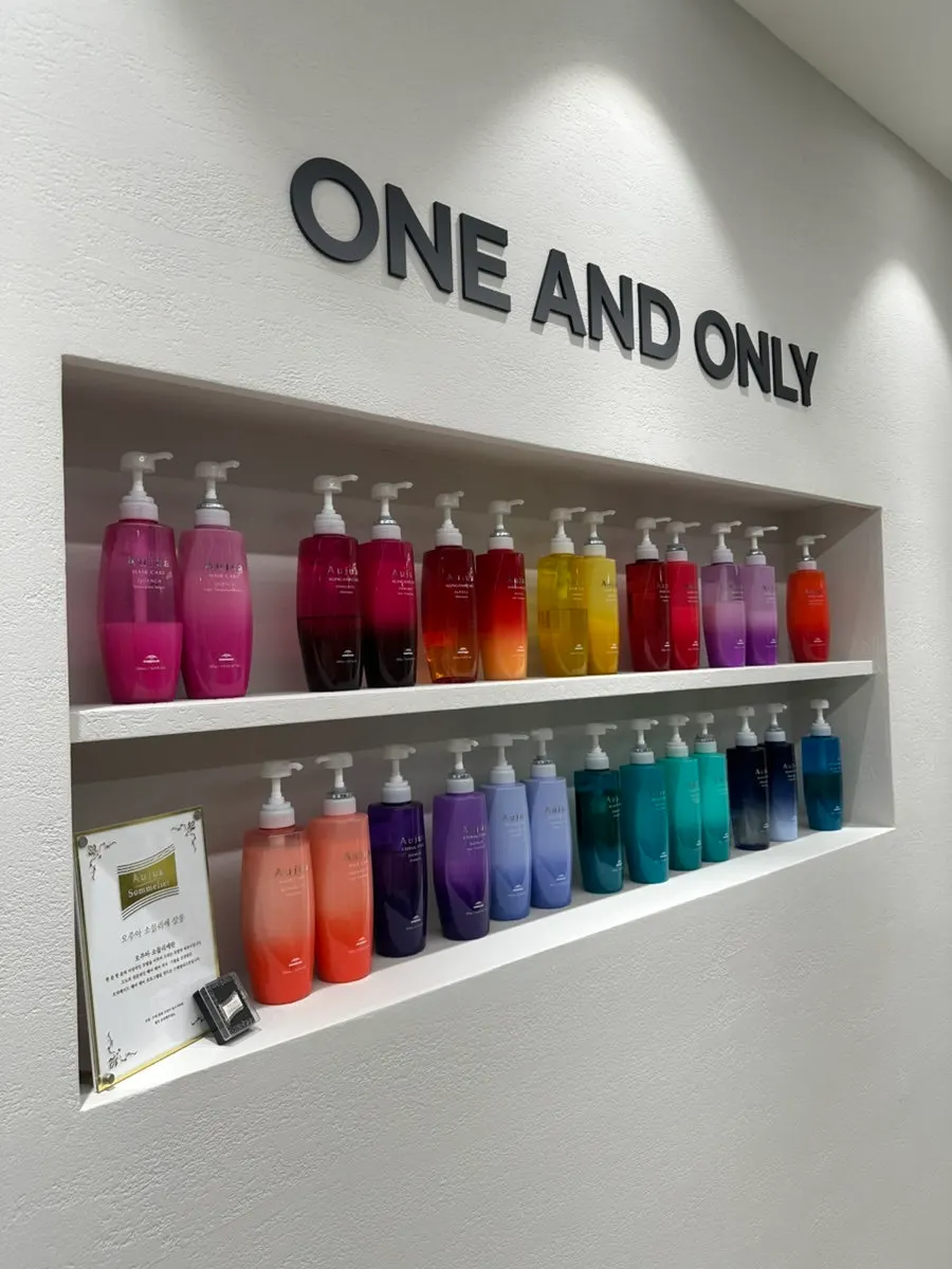 Display of hair products used at the salon