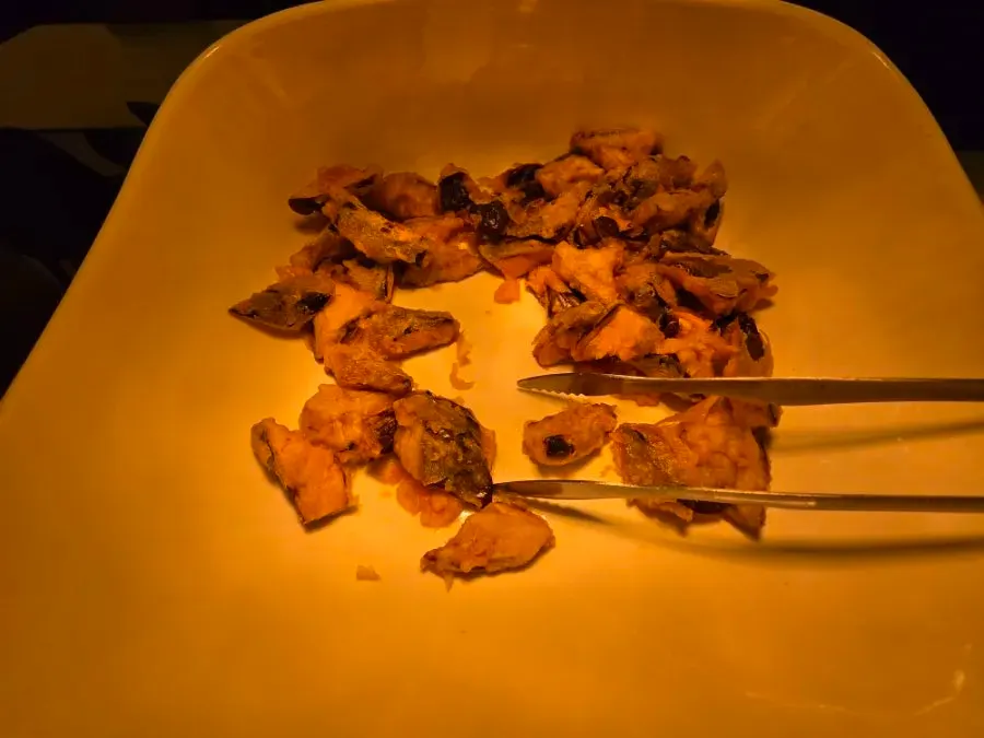 Warm japchae and fried eggplant on the self-serve bar