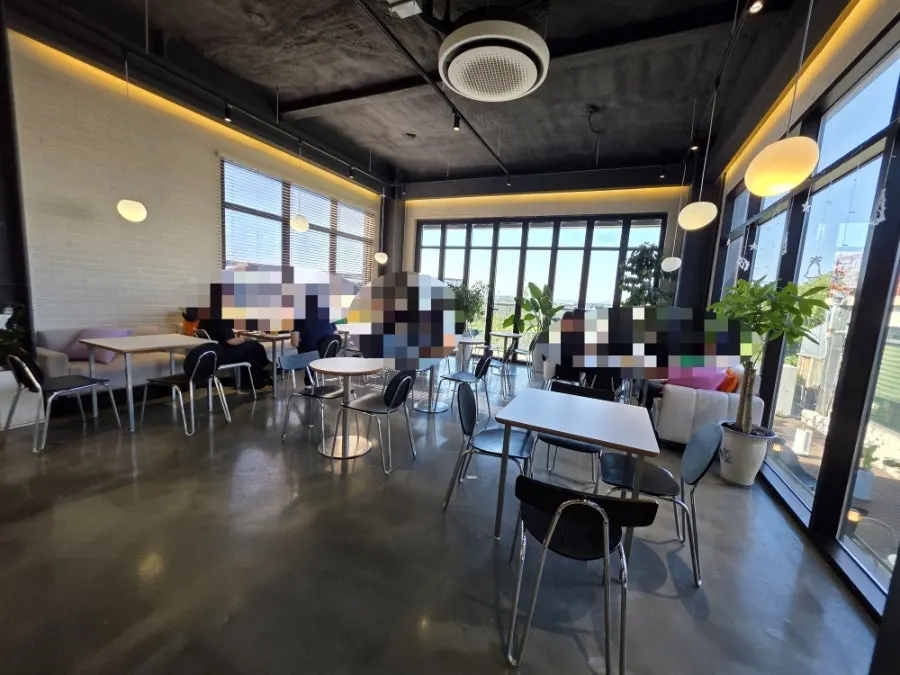 Café seating with generously spaced tables
