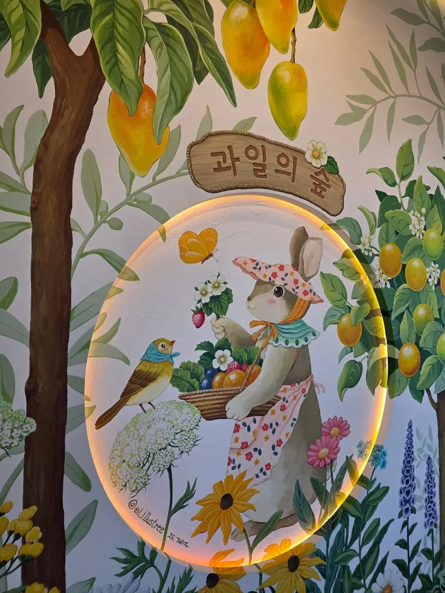 Storybook-style café photo zone wall