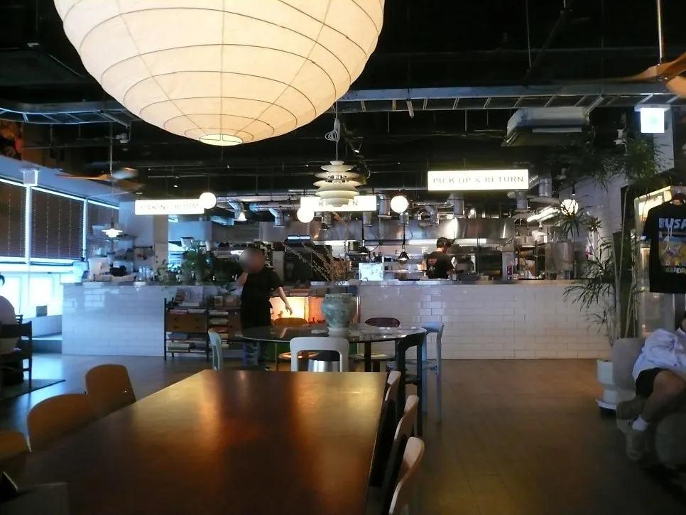 Interior with cozy lighting and wide tables
