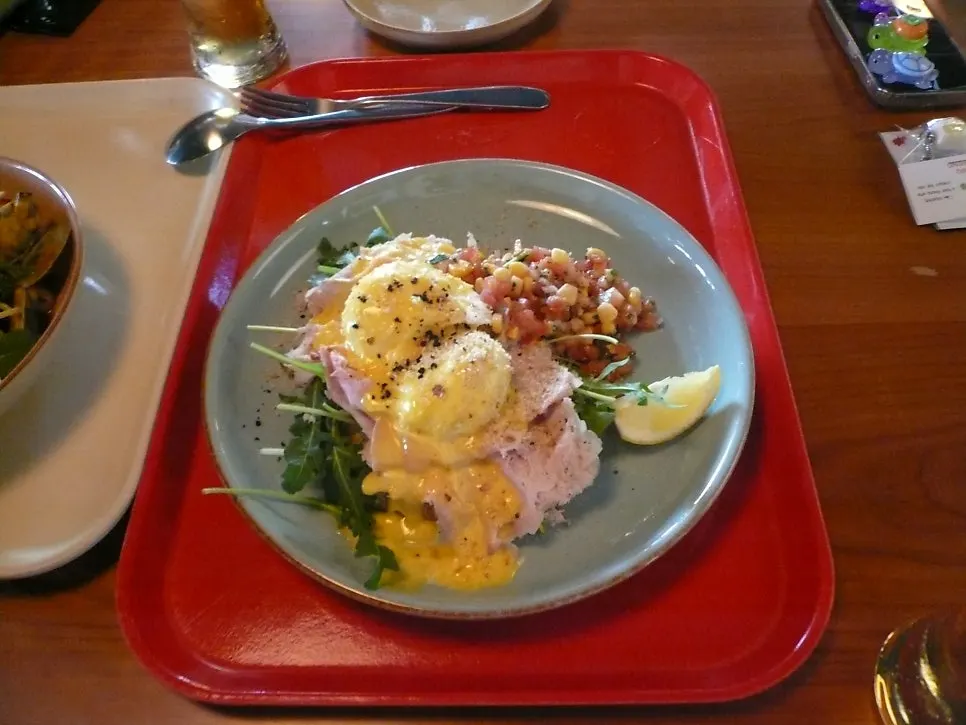 A plate of neatly plated eggs Benedict