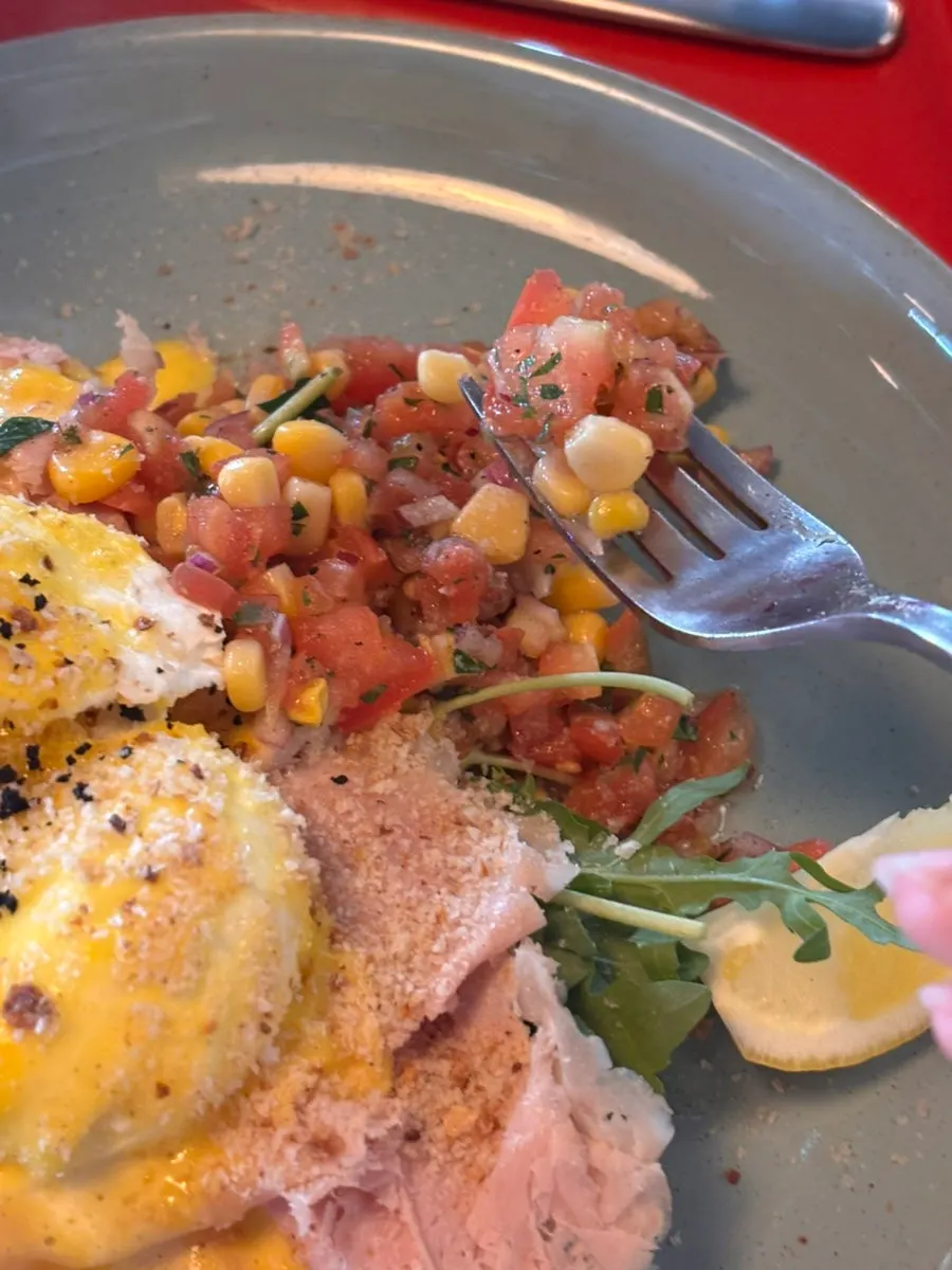 Close-up of eggs Benedict with jambon ham and poached egg