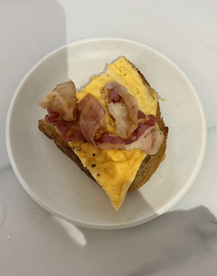 Close-up of the bacon scramble toast