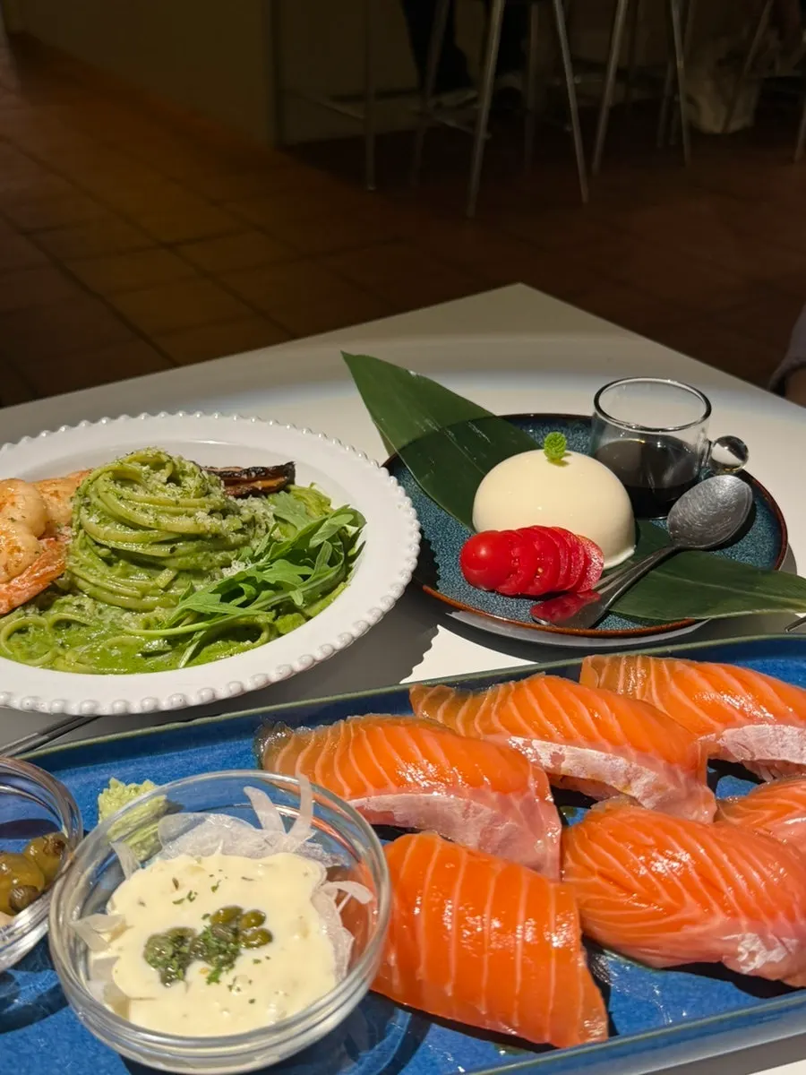 Full spread of dishes on the table at Salmon Brothers