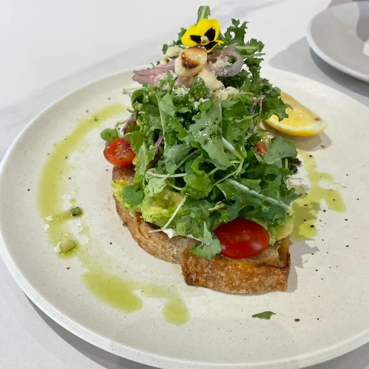 Close-up of avocado toast topped with pickled onion