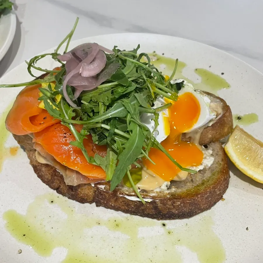 A plate of smoked salmon toast