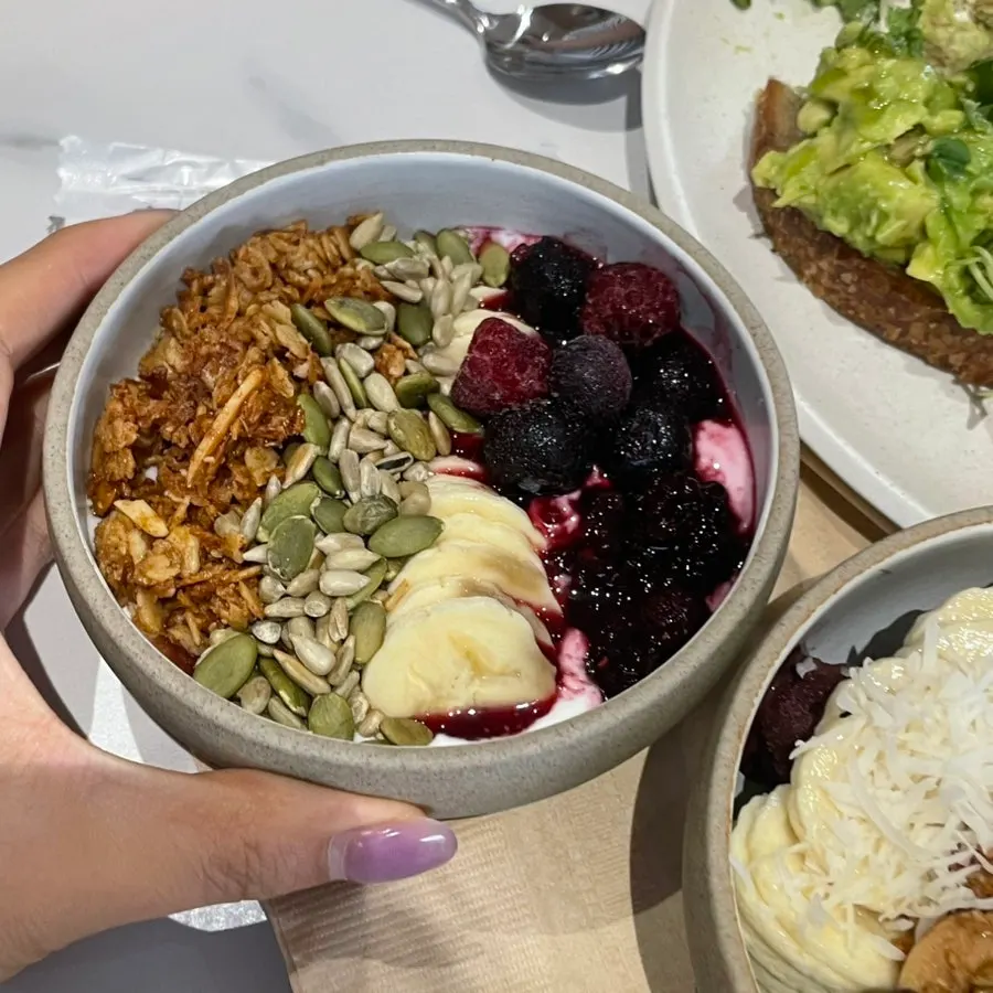 Table with brunch toasts and bowls together