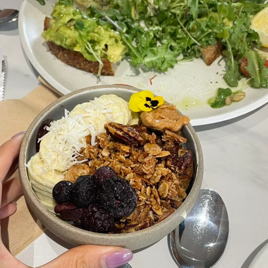 Close-up of yogurt bowl toppings