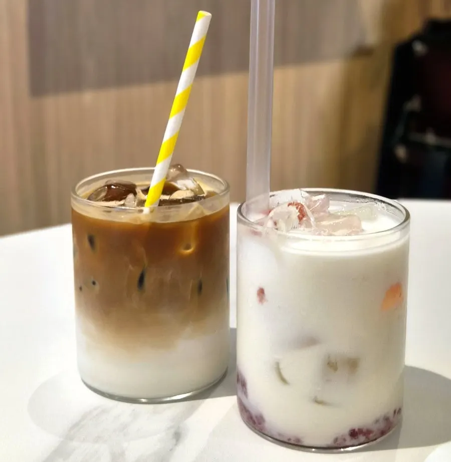 Coffee and strawberry latte at Famous Benny