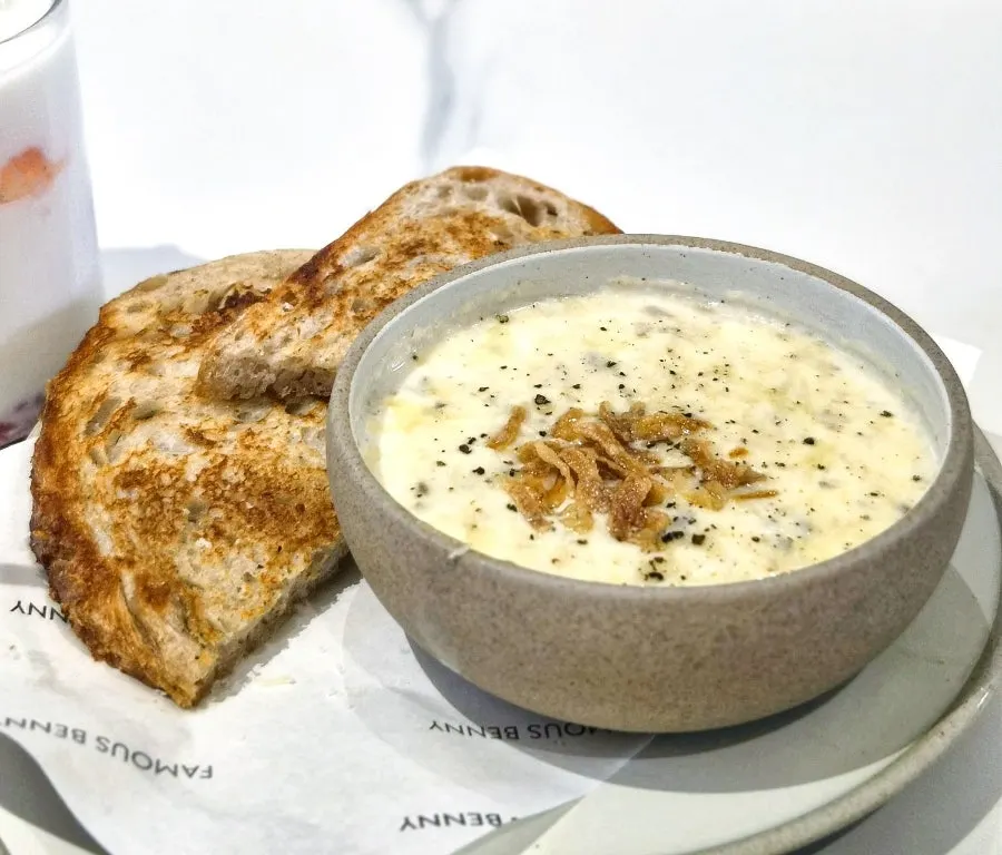 Famous Benny's mushroom soup served with bread