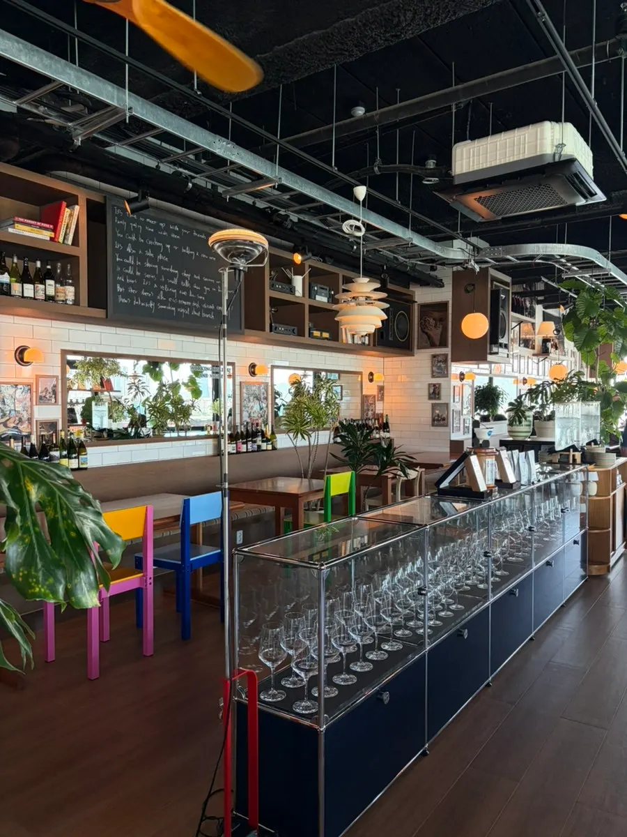 Neatly arranged café seating area