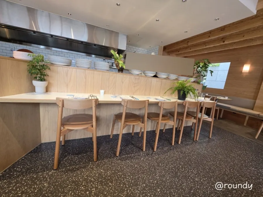Interior with an open kitchen and regular tables