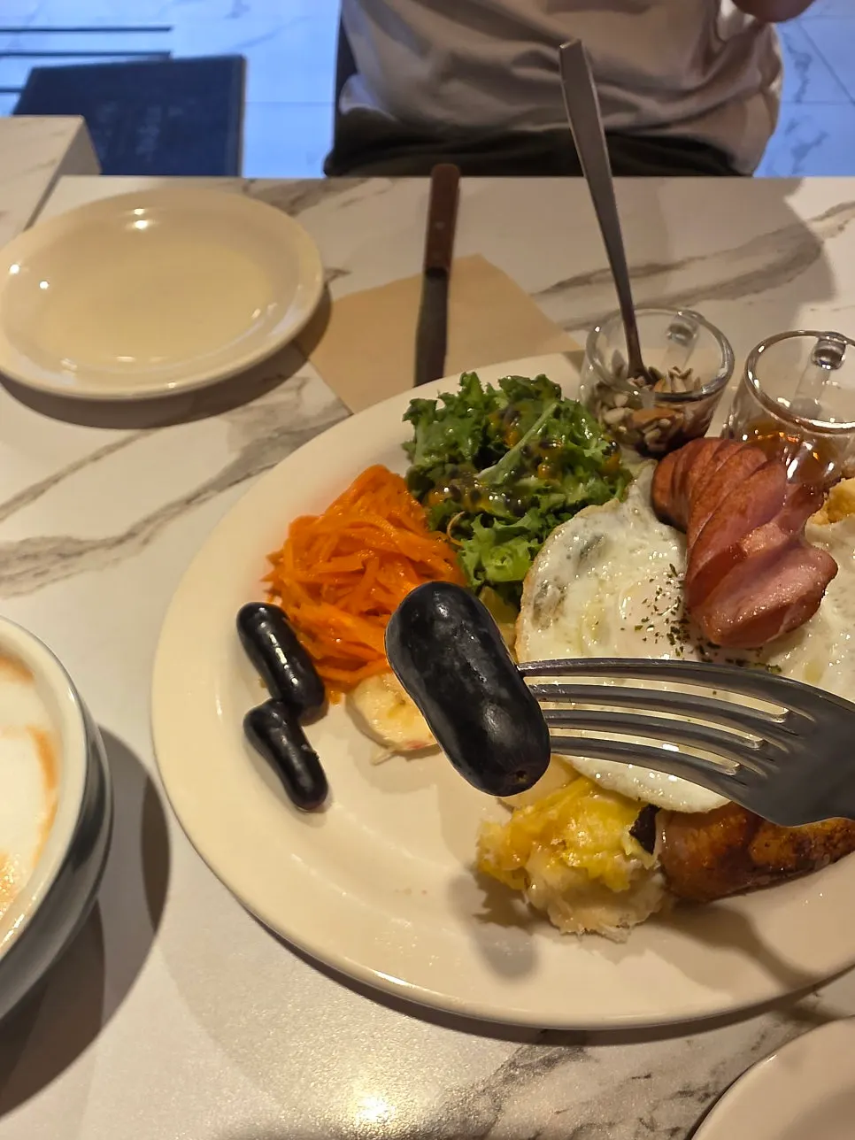 Double French Toast Dish with egg, sausage, fruit and salad