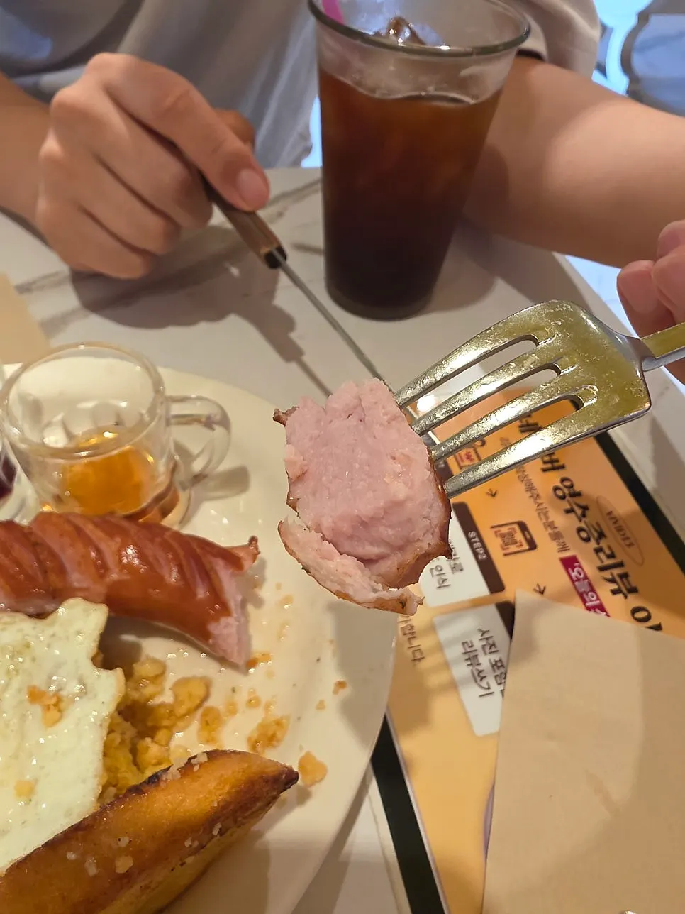 Cross-section of French toast drizzled with sweet sauce