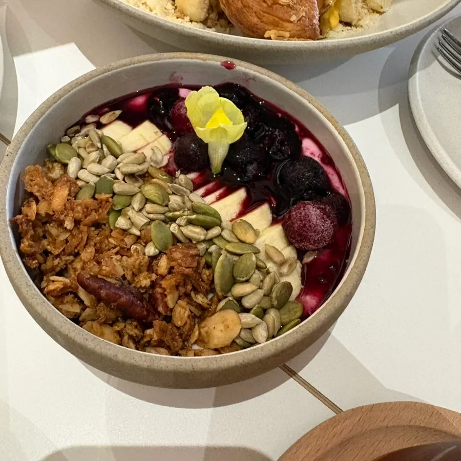 A brunch dish generously piled with ingredients