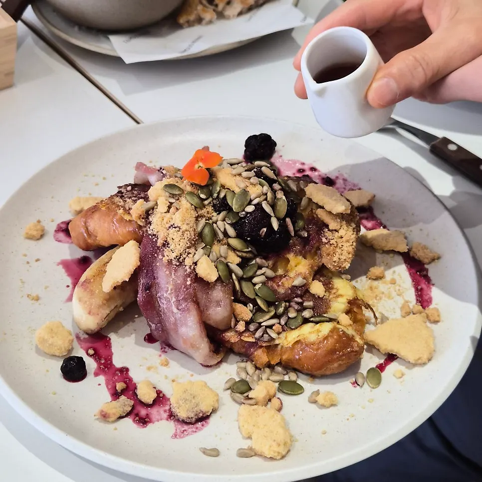 French toast served with banana and bacon