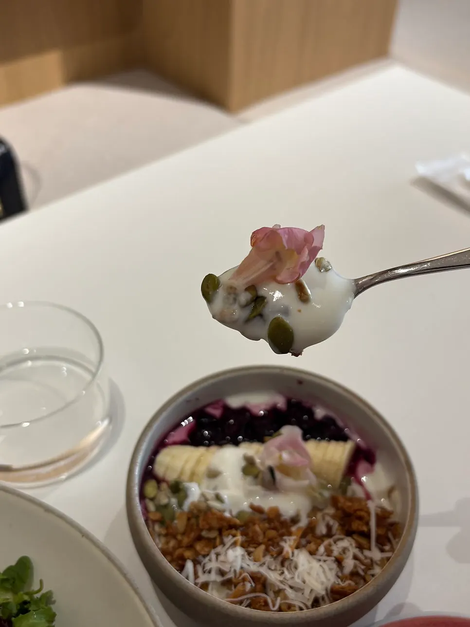 A table with brunch dishes and coffee