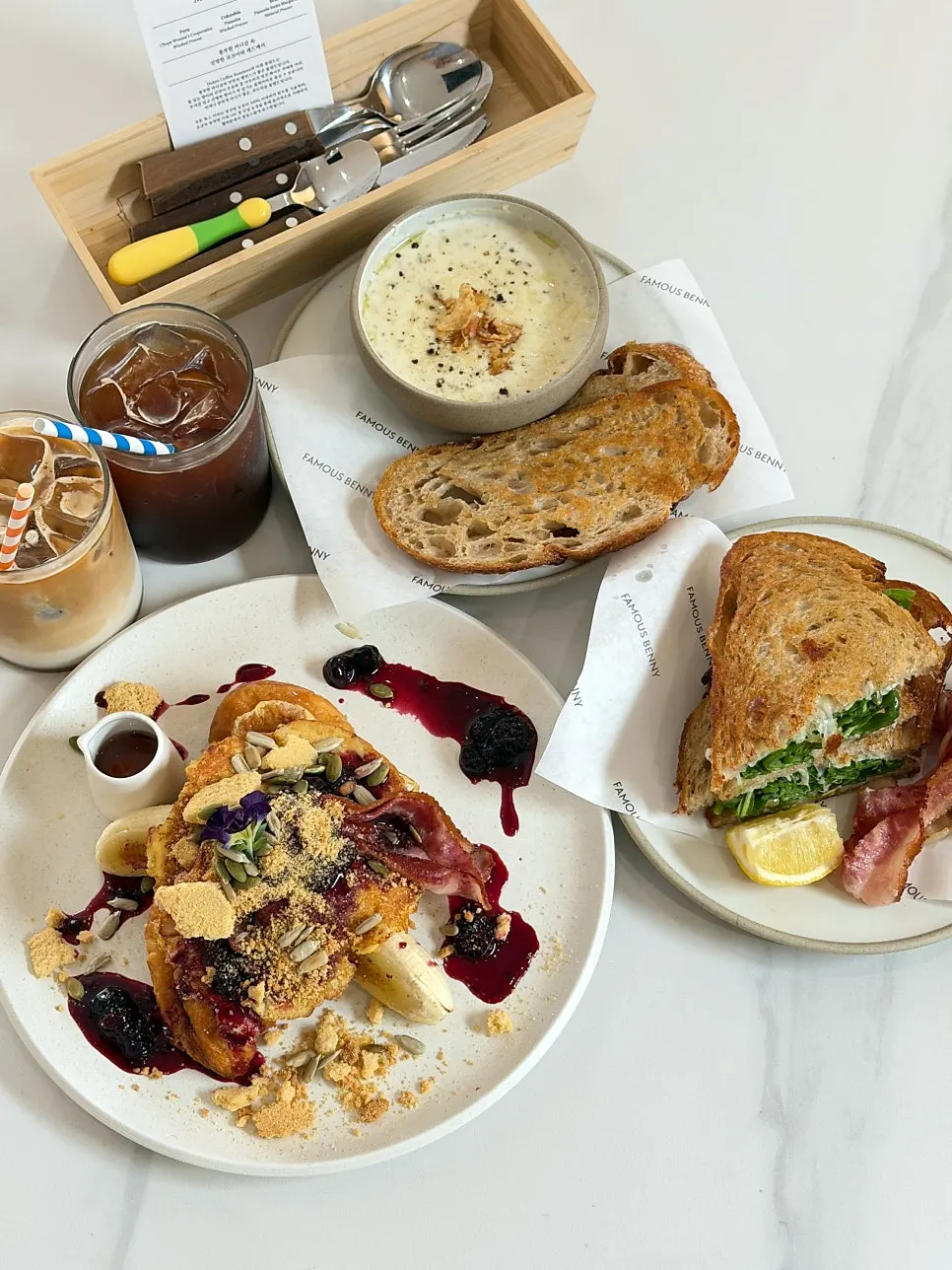 Table with French toast and soup placed together