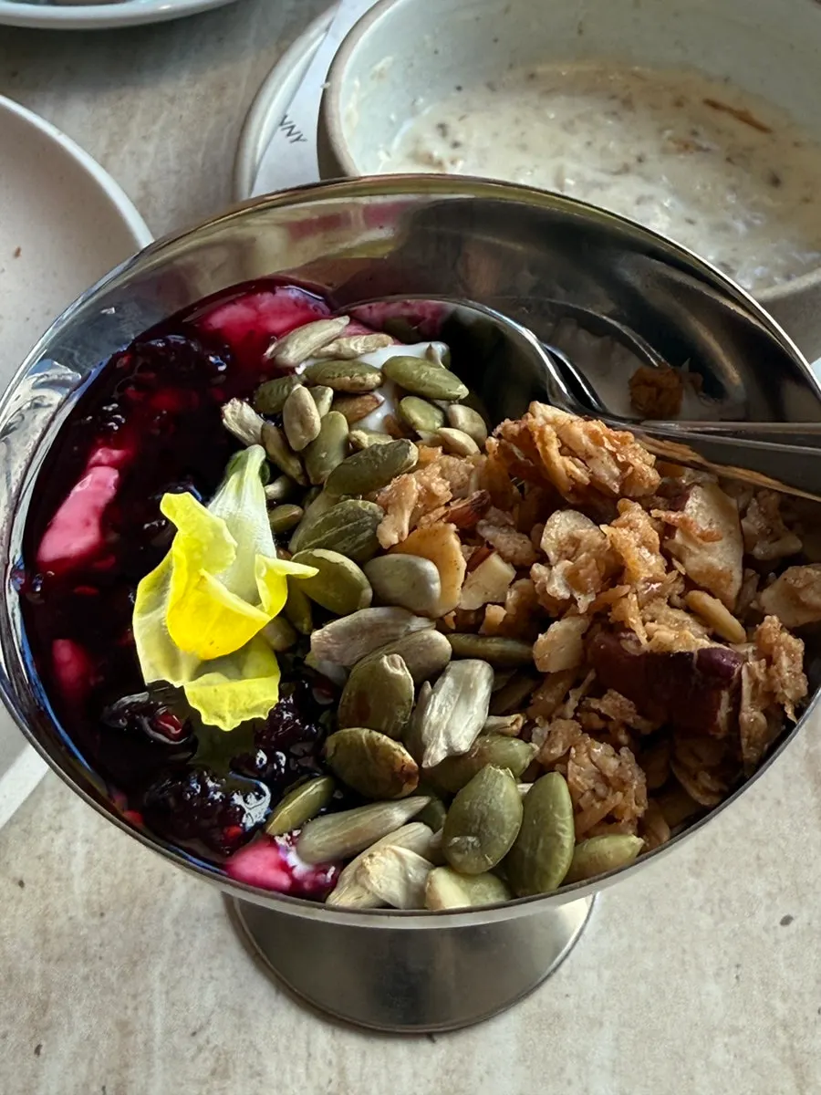 A table view with brunch and coffee laid out