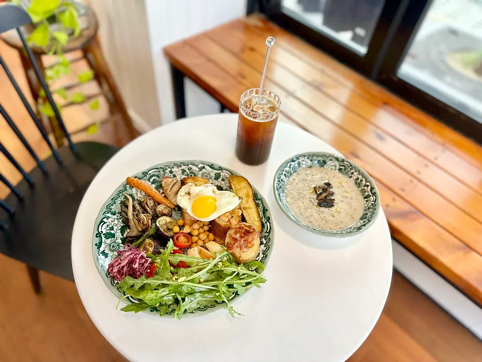 Breakfast plate and mushroom soup spread