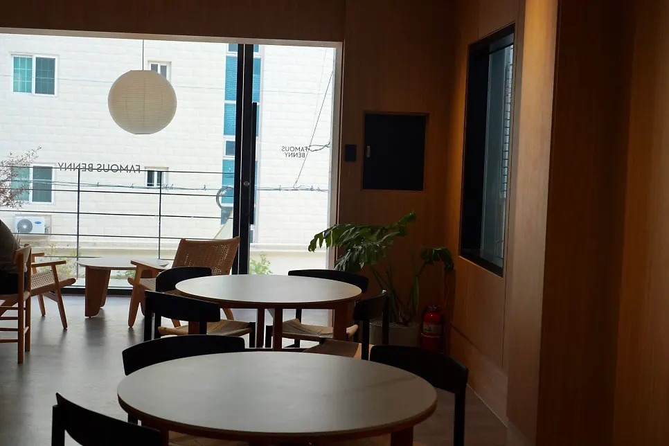 Table setting at a window seat at Famous Benny