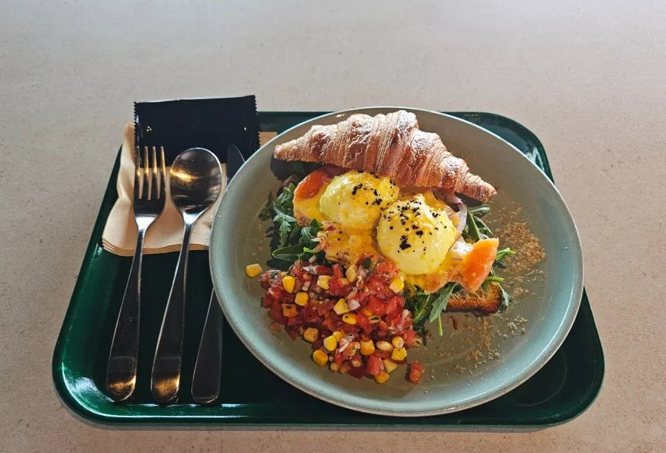 Table spread of salmon Benedict and shrimp oil pasta