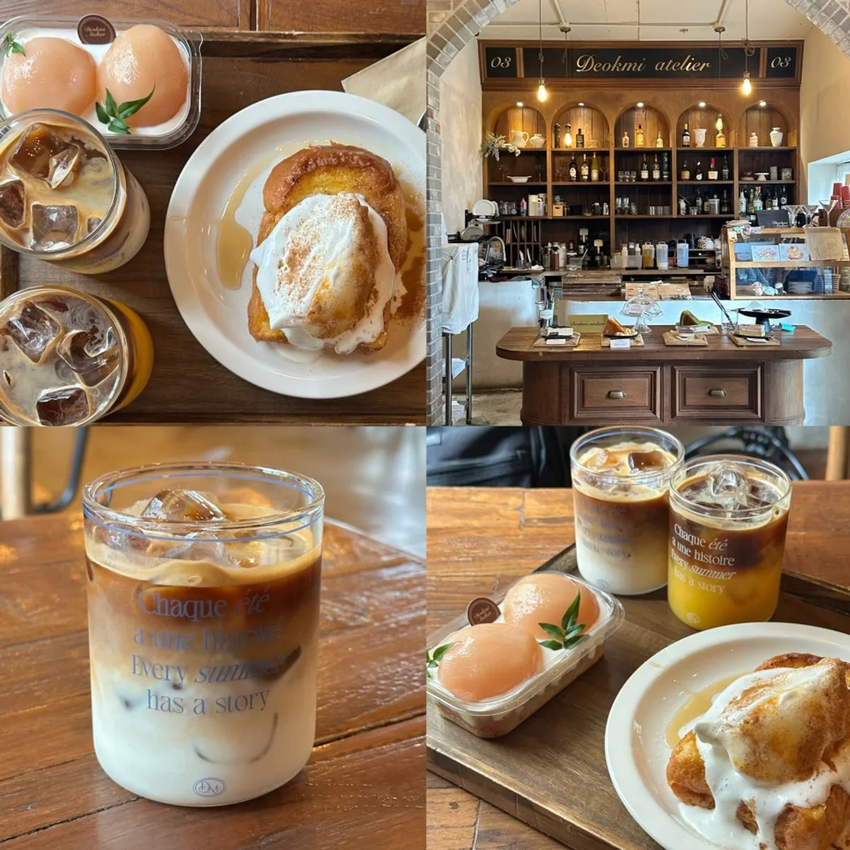 Featured shot of desserts and drinks at Deokmi Atelier Gwang-an Branch