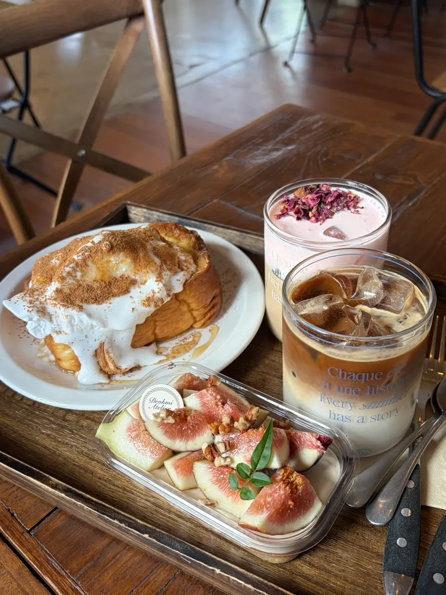 Desserts and drinks served together at the table