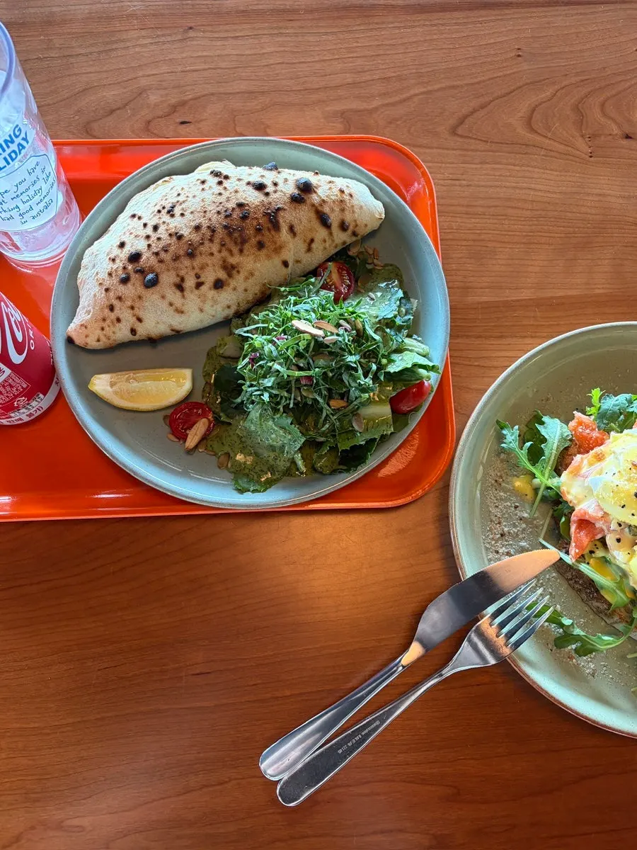 Calzone and eggs Benedict brunch combination